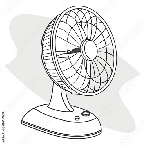 A clean line art illustration of a portable electric desk fan with a sturdy base and two control buttons ready to provide cooling air circulation