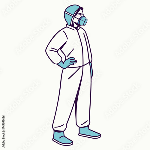 A person wearing a full protective suit respirator mask and gloves standing confidently with hand on hip symbolizing health safety and preparedness against illness or hazardous environments