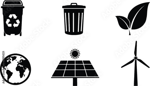 Six flat black silhouettes: recycling bin, trash can, leaf, earth, solar panel, windmill on white background.