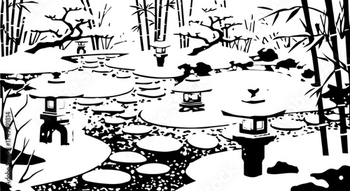 Black and White Japanese Garden Illustration with Stone Lanterns and Bamboo.