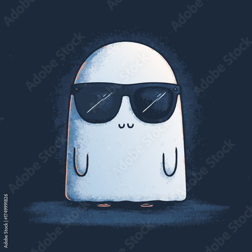 Cute and cool cartoon ghost wearing stylish sunglasses, a friendly and playful spectral character illustration with a minimalist design.