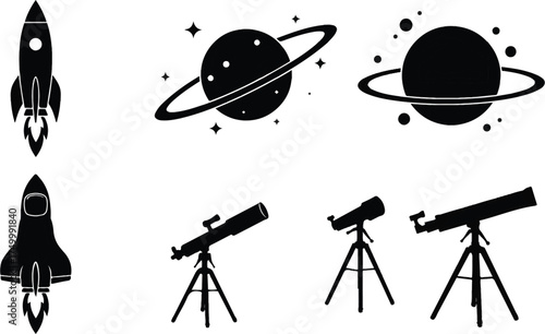 Six flat black silhouettes: rocket, astronaut, planet rings, satellite, shuttle, telescope on white background.