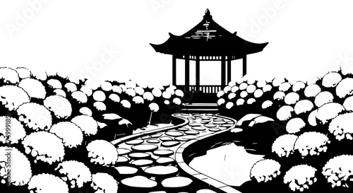 Black and White Japanese Garden Pavilion with Stone Pathway and Lush Foliage.