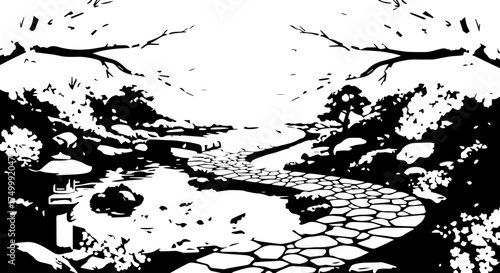 Black and White Japanese Garden Scene with Stone Path and Lantern.