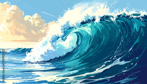 Ocean wave crashing on shore with blue sky