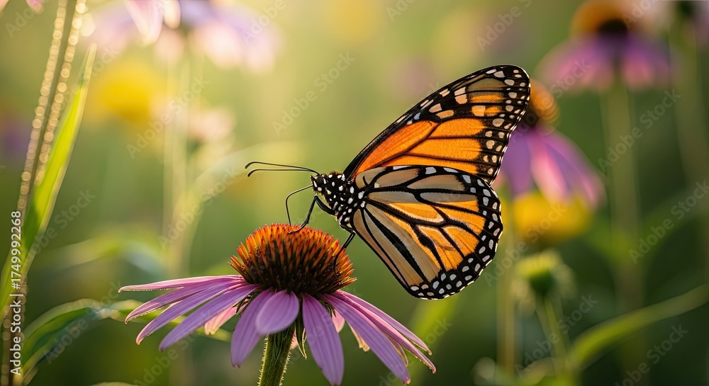 Naklejka premium Monarch Butterfly on Purple Coneflower in Soft Sunlight