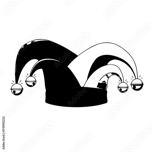 Black and White Jesters Hat with Bells Classic Comic Design.