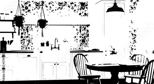 Black and White Kitchen Interior with Round Table and Chairs, Floral Wallpaper.