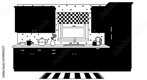 Black and White Kitchen Interior with Cabinets, Window, and Appliances.