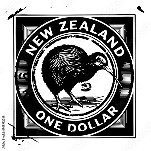 Black and White Kiwi Bird Illustration on New Zealand One Dollar Coin Design.