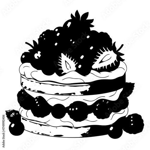 Black and White Layered Cake with Berries and Whipped Cream Illustration.