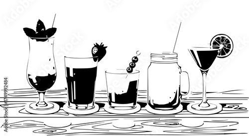 Black and White Line Art Cocktails with Fruit Garnishes on Wooden Surface.