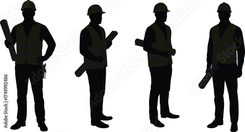 Construction engineers silhouettes with blueprints, safety helmet workers, project planning teamwork, building site supervision, 
