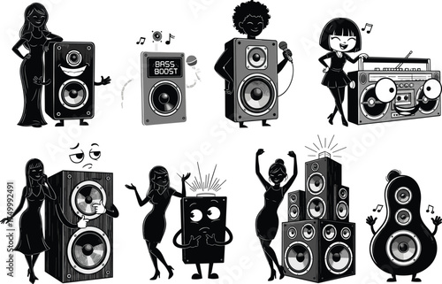 Cartoon speaker characters, musical device illustration, anthropomorphic audio equipment, fun music art, retro boombox drawing, Christmas zombie, black white