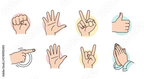 Vector illustration set of various human hand gestures. Includes fist, okay sign, thumbs up, and praying hands icons for communication