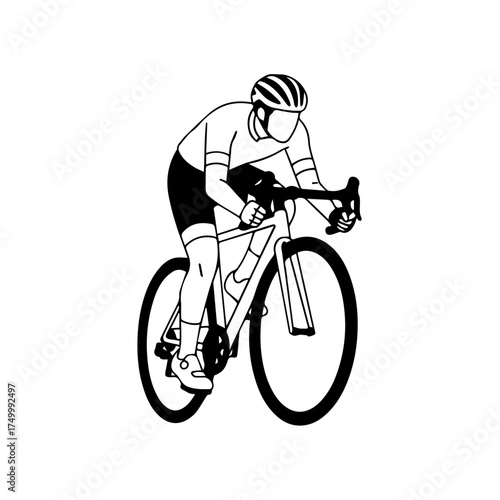 Black and White Line Art Cyclist Riding a Road Bicycle in Action.