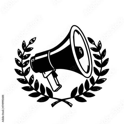 Black and White Megaphone Icon Surrounded by Laurel Wreath Isolated.
