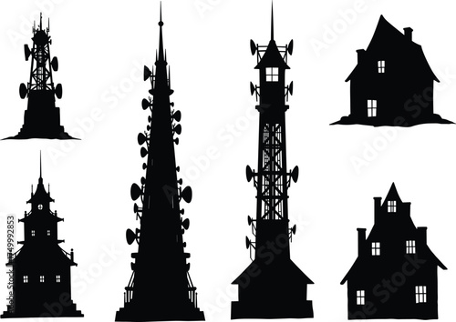 Christmas zombie communication towers and houses silhouette, telecommunication antennas, satellite dishes, urban architecture, spooky holiday theme, black white vector illustration