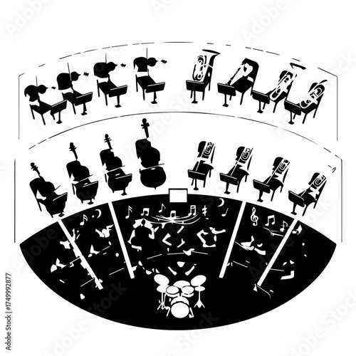 Black and White Orchestra Silhouette Performing on Stage with Musical Instruments.