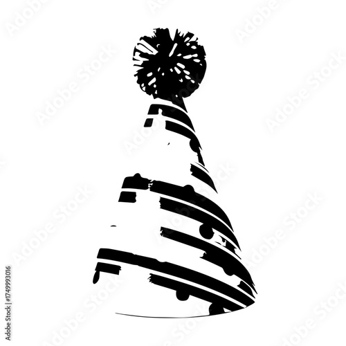Black and White Party Hat with Striped Pattern and Pom-Pom Detail.