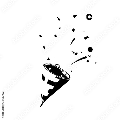 Black and White Party Popper Exploding with Confetti and Celebration.