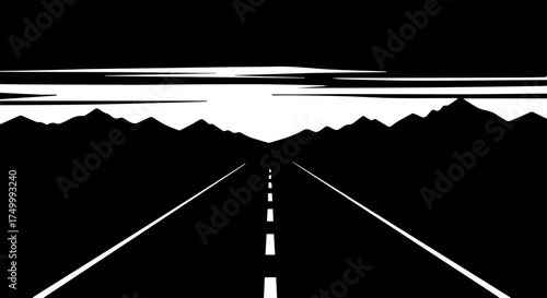 Black and White Perspective View of a Straight Road Leading to Horizon.