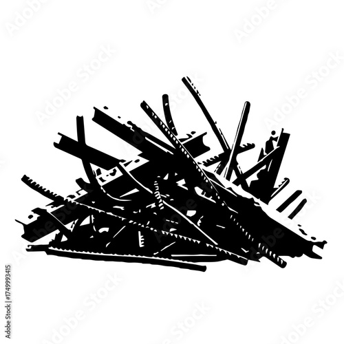 Black and White Pile of Construction Steel Beams and Rebar Fragments.