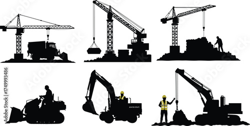 Construction site silhouettes with cranes, bulldozer, excavator, workers in safety helmets, heavy machinery, industrial equipment, building process, engineering, development, teamwork