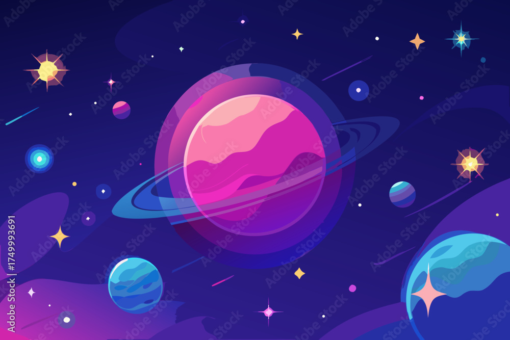 Fototapeta premium Outer Space with Planet and Stars Vector Illustration