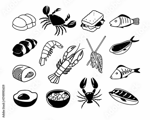 Seafood and Sushi Vector Illustration Set