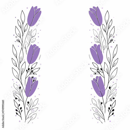 Floral Border with Purple Tulip Design Vector