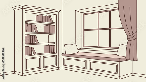 Cozy Reading Corner Interior with Bookshelves Vector
