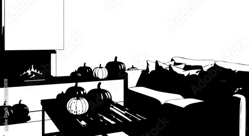 Black and White Pumpkins Displayed on a Table and Shelf in a Living Room Setting.