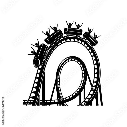 Black and White Roller Coaster with Thrilled Passengers Silhouetted in Motion.
