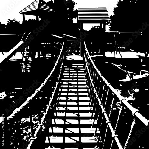 Black and White Rope Bridge with Wooden Steps in Playground Setting.