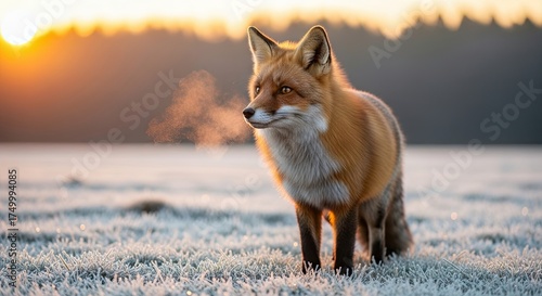Red Fox Standing in Frozen Field at Sunrise
