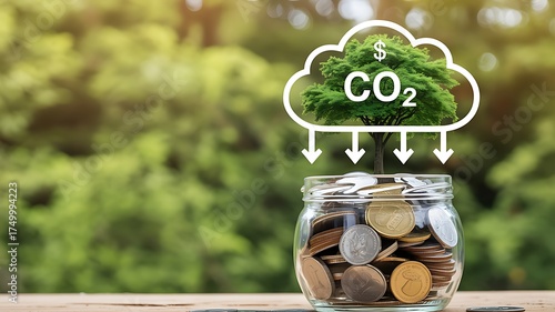 Conceptual image showing the connection between carbon emissions and monetary savings with nature in a financial ecosystem.