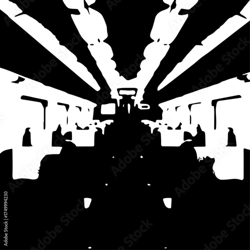 Black and White Silhouette Interior of a Subway Train Car with Passengers.