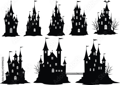 Christmas zombie haunted castles silhouette, gothic spooky architecture, eerie fantasy fortress design, Halloween horror theme, black white vector illustration, creepy night artwork