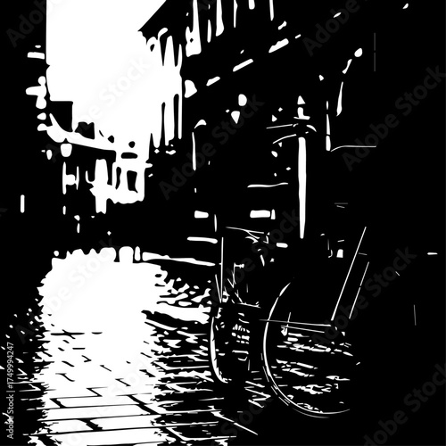 Black and White Silhouette of a Bicycle Parked on Cobblestone Street.