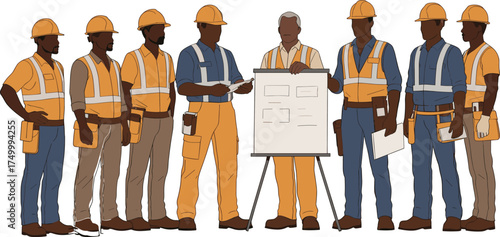 Construction workers meeting safety briefing, teamwork discussion, project planning, engineering supervision, building site coordination, reflective vest, hard hat, clipboard, whiteboard presentation