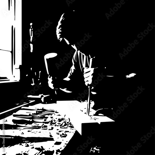 Black and White Silhouette of a Carpenter Chiseling Wood with Tools.