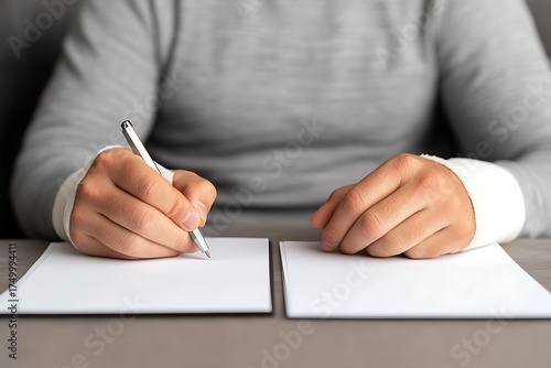 Person writing on paper with bandaged hand, injury recovery, paperwork on desk, healing process, dealing with health conditions, grey sweater