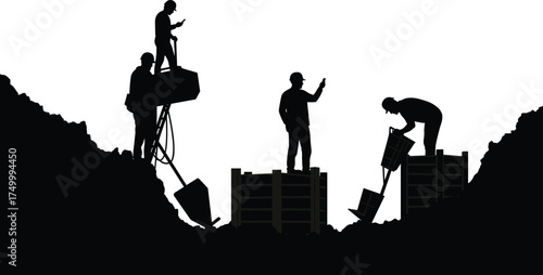 Construction workers silhouette at building site, teamwork, heavy labor, industrial safety, engineering, architecture, infrastructure, teamwork collaboration, foundation, development progress