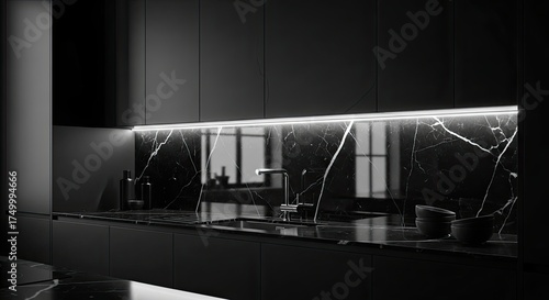 Modern Black Kitchen with Marble Accents and Integrated Lighting
