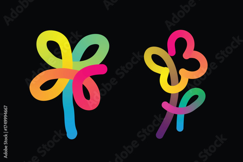 Two abstract colorful hand drawn flowers with bright rainbow colors on a black background