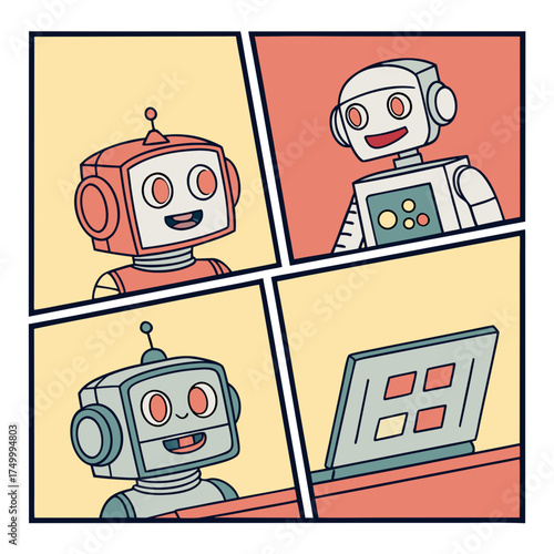 Robots on zoom online call having meeting