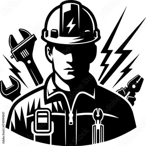 Electrician with Equipment: A skilled electrician, poised with tools and ready to work, embodies the power and precision of their trade. Surrounded by essential tools and iconic lightning bolts.