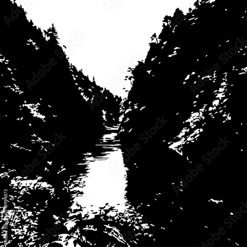 Black and White Silhouette of a River Flowing Through Forest Trees.