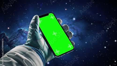 Astronaut's Hand Holding Green Screen Smartphone Against a Starry Space Background